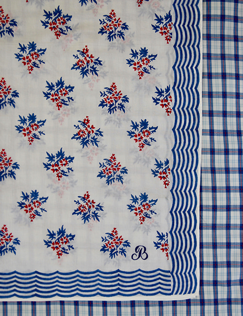 [Bonjour Diary] Scarf 95x95 with border print &amp; B emb _ Red blue flower print with border Cotton voile