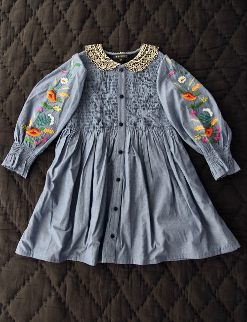 [BONJOUR DIARY] DRESS WITH EMBROIDERY COLLAR &amp; SLEEVE _ Chambray[2-3Y,4Y]