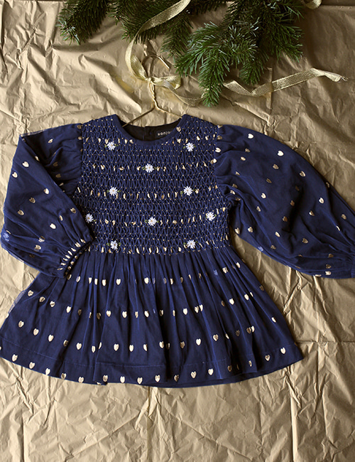 [BONJOUR DIARY] HAND SMOCKS BLOUSE  _ Indigo Tulle gold heart print [10Y,12Y]