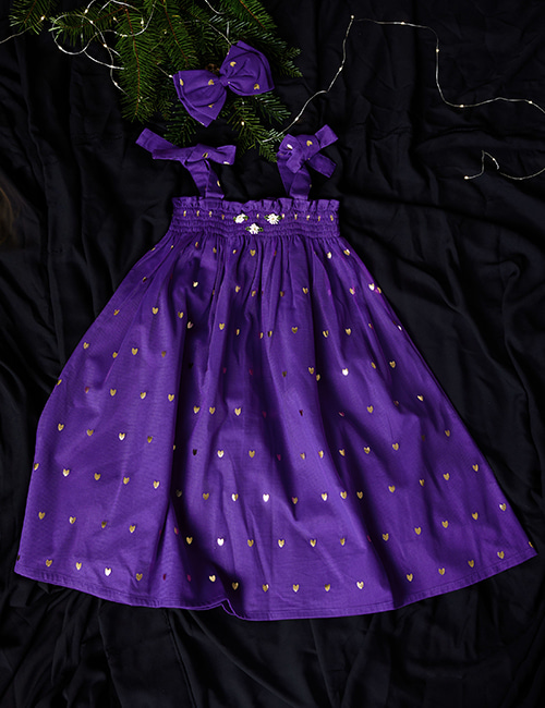 [BONJOUR DIARY] LONG SKIRT DRESS WITH HAIR CLIP _ Purple voile Tulle gold heart print nt[ 2-3Y, 4Y, 6Y, 8Y,10Y]