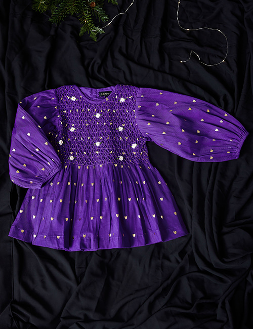 [BONJOUR DIARY] HAND SMOCKS BLOUSE  _ Purple voile Tulle gold heart print[ 2-3Y, 4Y,  8Y,12Y]