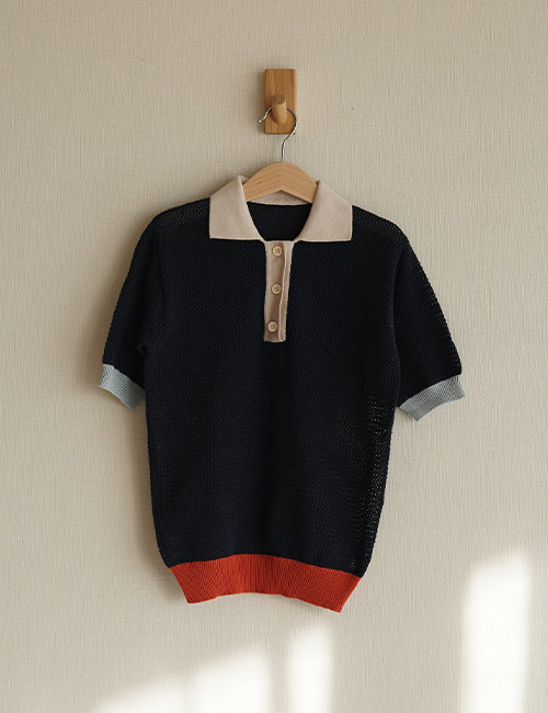 [ MES KIDS DES FLEURS] knitted polo shirt _ Black (100%Cotton) [S]